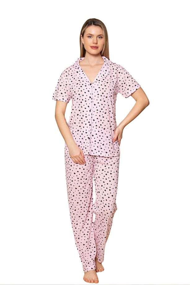 Dreamy Pamuklu Kalp Desenli Kısa Kollu Düğmeli Gömlek Pijama Takımı - 5