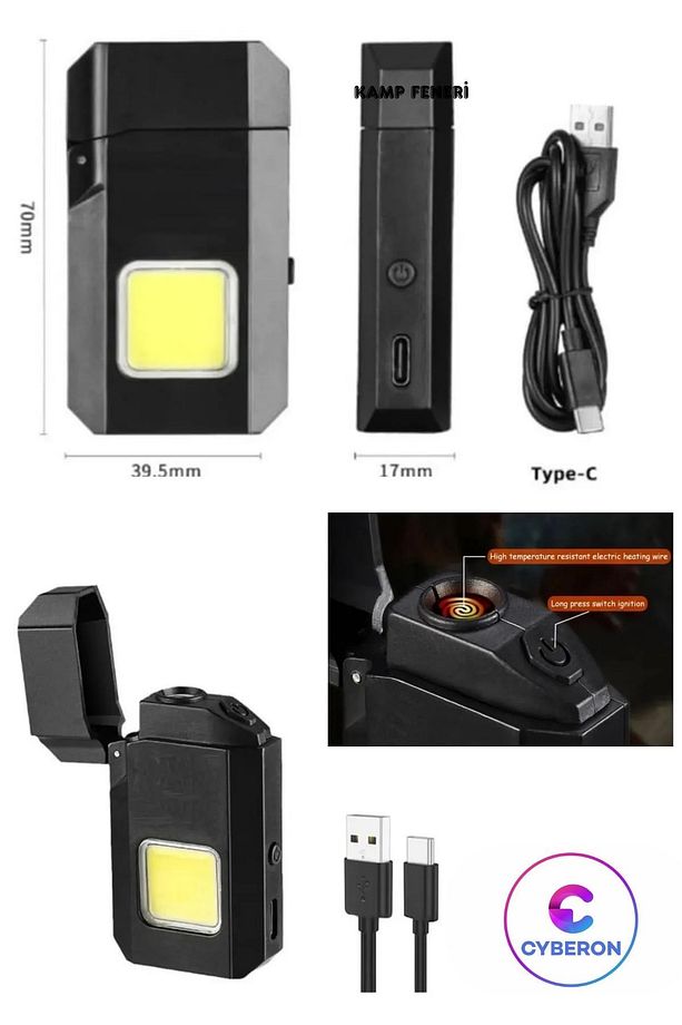 Sİyah Gazsız Rezistanslı Elektrikli Usb Şarjlı Çakmak Mini Cob El Fenerli 2 ın 1 Mini Projektörlü - 4