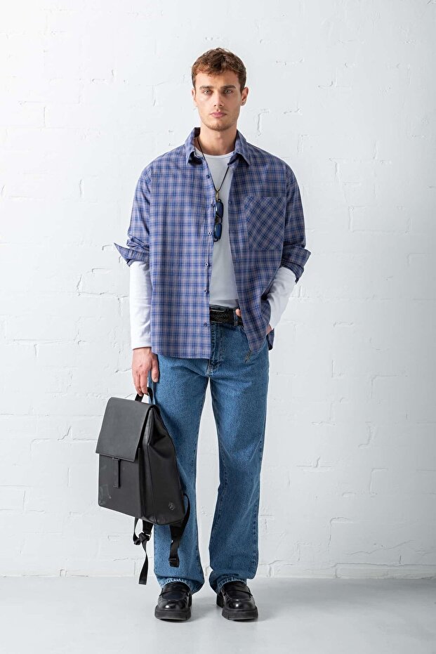 Erkek Oversize Ekose Baskılı Gömlek Mavi - 2