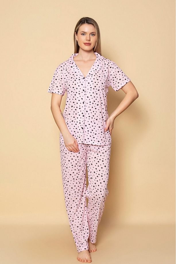 Dreamy Pamuklu Kalp Desenli Kısa Kollu Düğmeli Gömlek Pijama Takımı - 1
