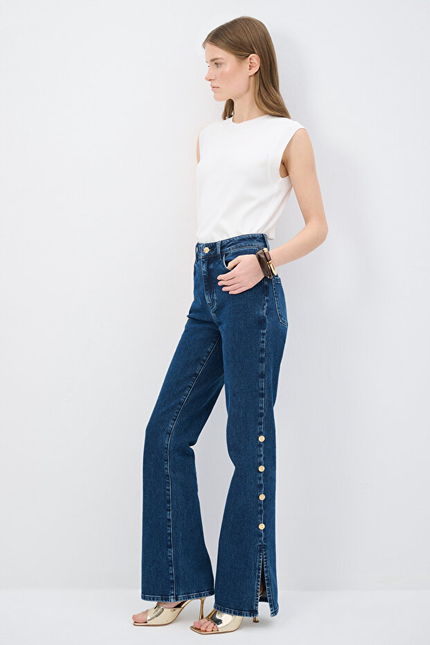 Düğmeli Jean Pantolon - 7