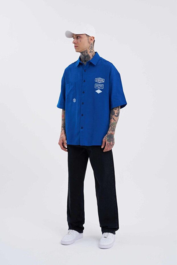Erkek Basic Nakışlı Oversize Lacivert Gömlek - 5
