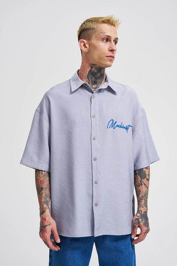 Erkek Nakışlı Basic Oversize Gri Gömlek - 2