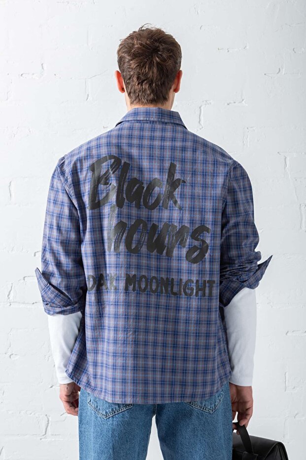 Erkek Oversize Ekose Baskılı Gömlek Mavi - 4