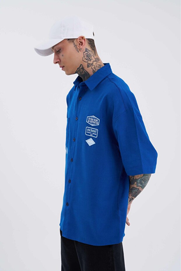 Erkek Basic Nakışlı Oversize Lacivert Gömlek - 3