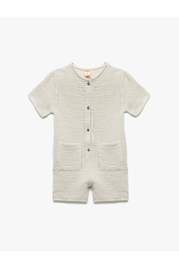Short Sleeve Button Detailed Ecru Baby Boy Jumpsuit 5Smb10007Tw