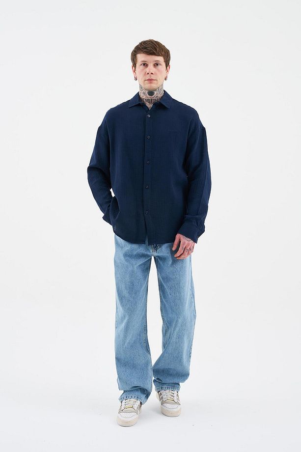Erkek Basic Uzun Kollu Cotton Lacivert Mavi Gömlek - 4