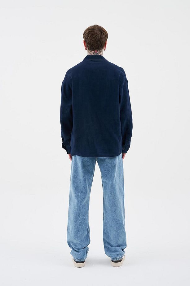 Erkek Basic Uzun Kollu Cotton Lacivert Mavi Gömlek - 5