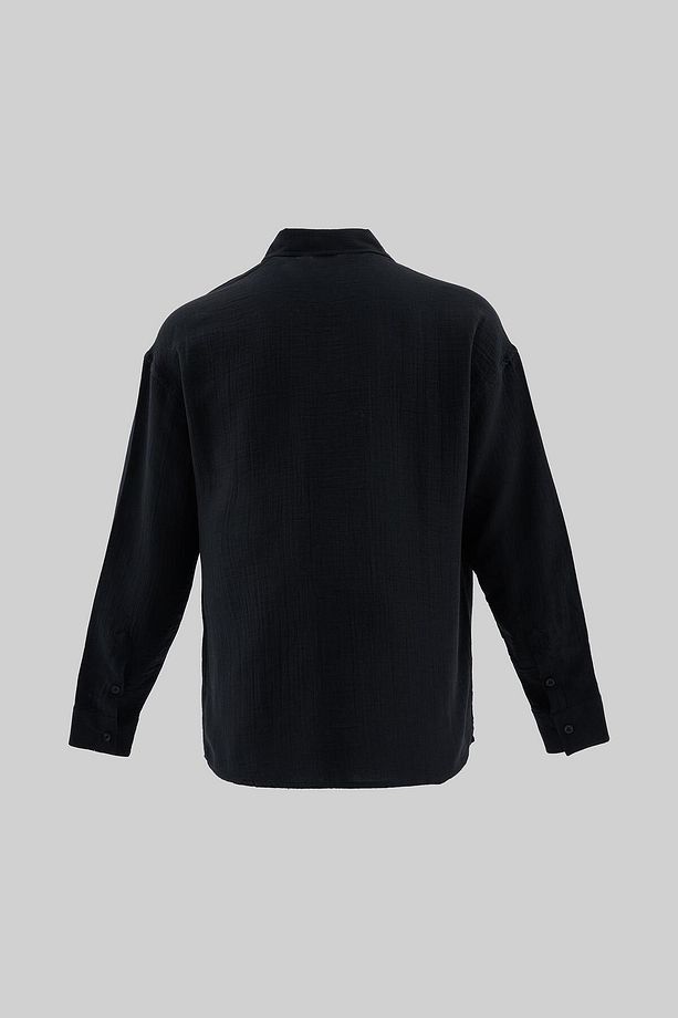 Erkek Basic Uzun Kollu Cotton Siyah Gömlek - 3