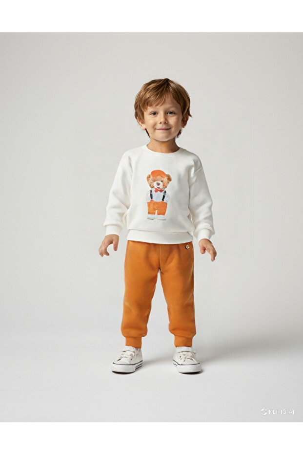 100% Cotton Teddy Bear Printed Long Sleeve Baby Boy Suit with Snap Collar