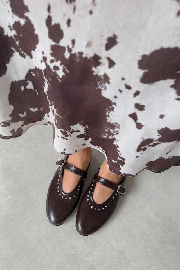 Abner Women's Drop Detail Wrinkled Leather Ballerinas Brown