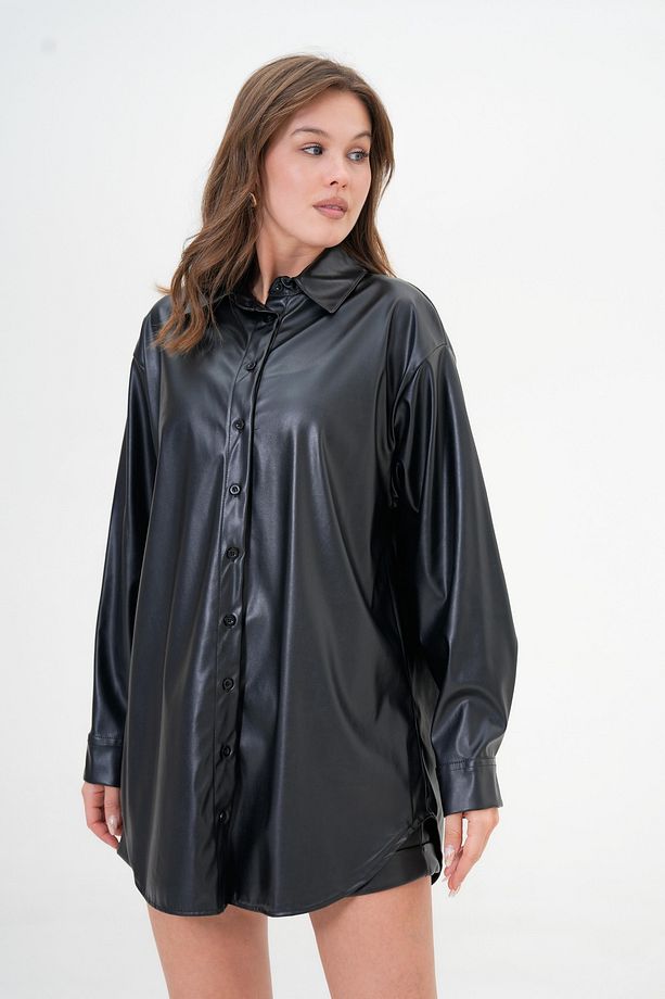 Siyah Düğme Detaylı Oversize Deri Gömlek 26061 - 1