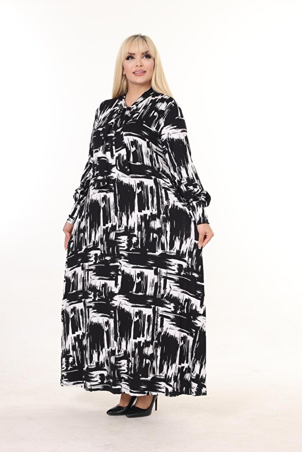 Standard Plus Size Tie Neck Loose Fit Viscose Combed Cotton Dress