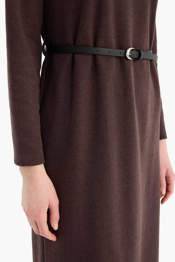 Regular Fit Bisiklet Yaka Basic Düz Kemerli Uzun Kollu Selanik Kumaş Midi Elbise E5790ax25sp - 4