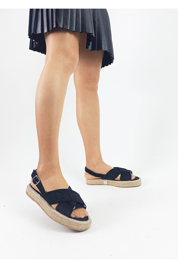 Black Color Cross-Strapped Straw Knitwear Women's Sandals between Sizes 36-40
