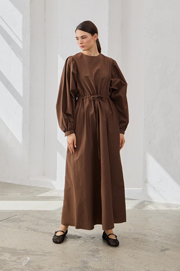 Cotton Gathered Dress Brown