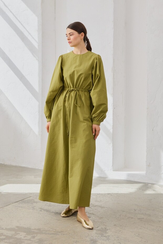 Cotton Drawstring Dress Oil Green