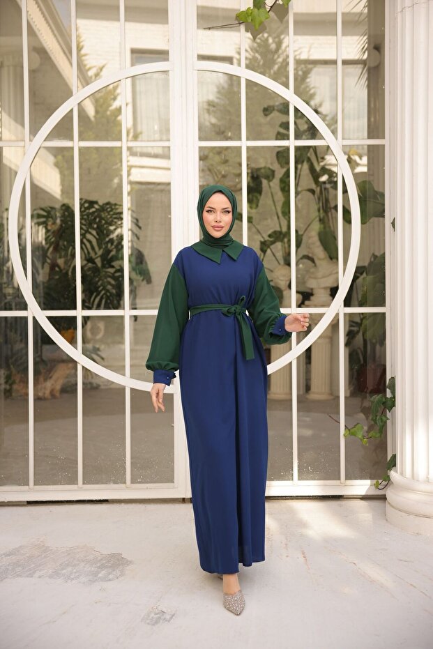 Movable Belted Hijab Dress with Colorful Sleeves