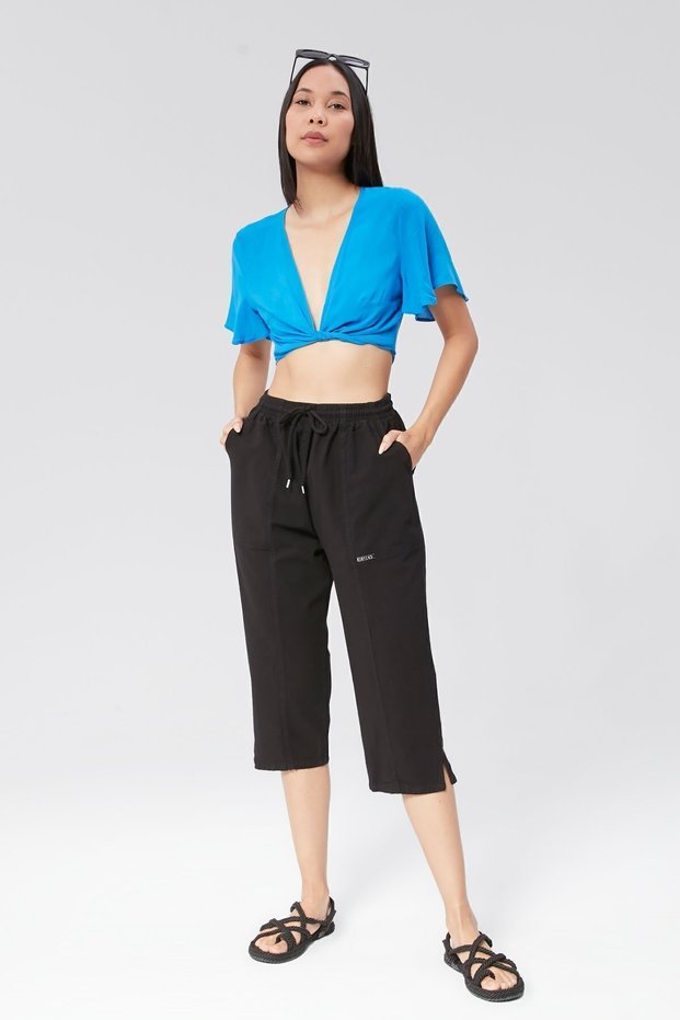 Women's Black Relaxed Cut Cotton Capri - Linen, High Waist, Slit Monaha