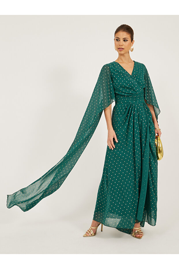 Foil Print Cape Sleeve V-Neck A-Line Maxi Dress