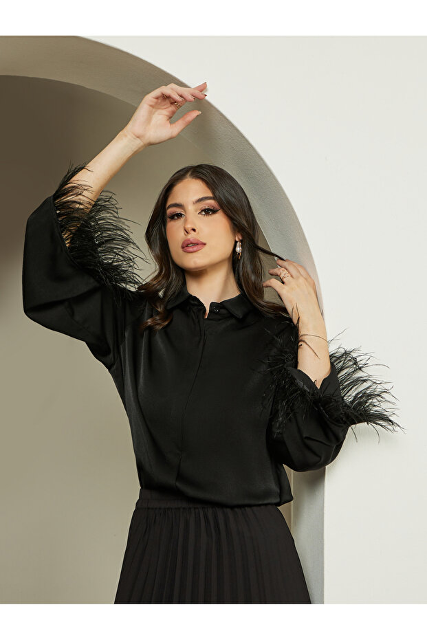 Feathered Trim Bell Sleeve Satin Oversized Shirt