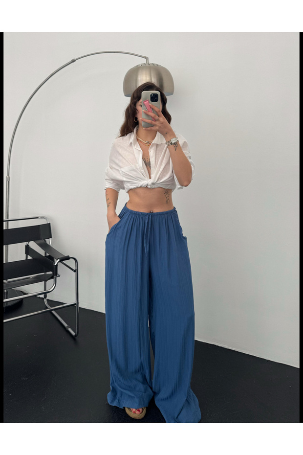 Premium Seersucker Linen Summer Loose Wide Leg Lace up Trousers