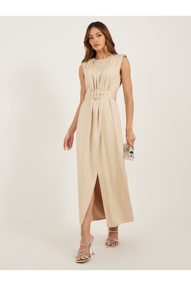 Pleated Front Sleeveless Shift Maxi Dress with Belt