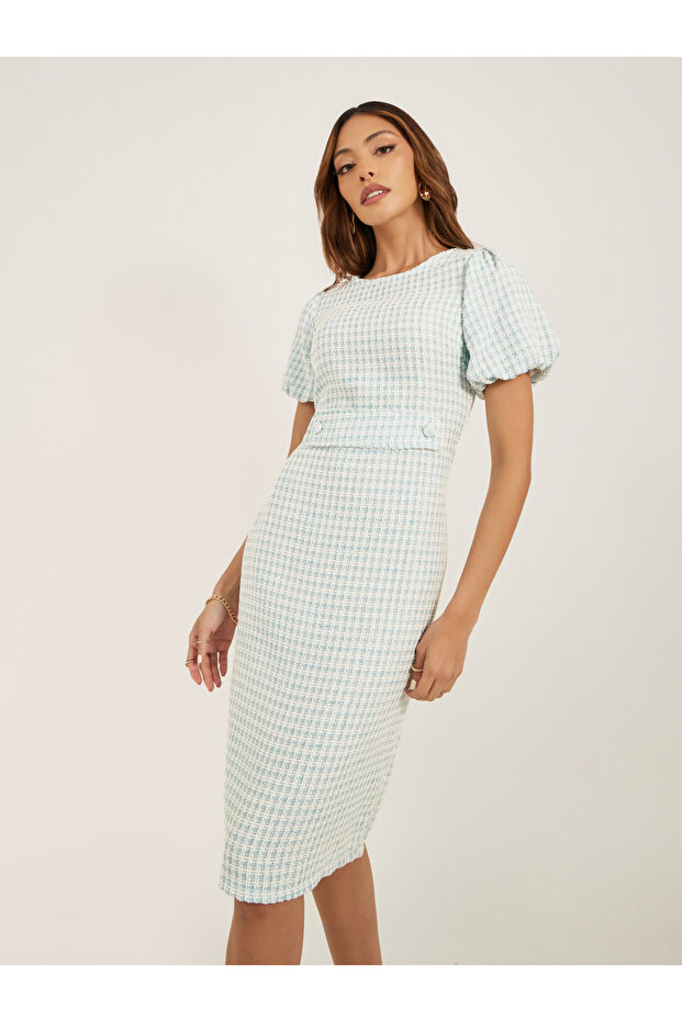 Tweed Puff Sleeves Sheath Knee-Length Dress
