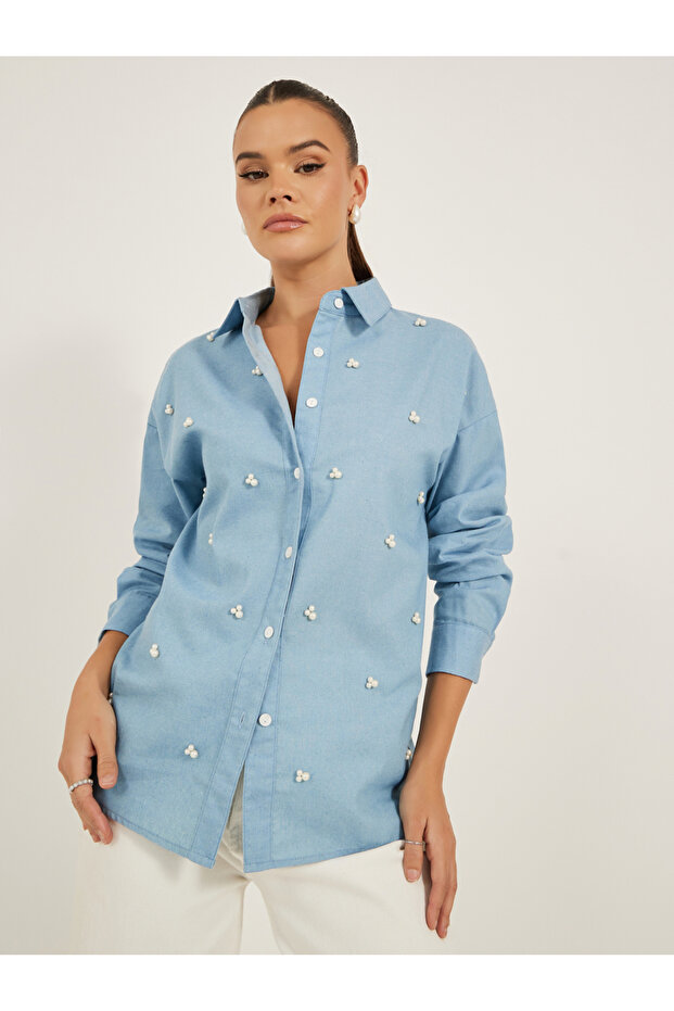 Faux Pearl Embellished Long Sleeve Loose Fit Shirt