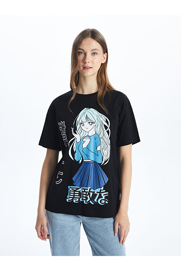 Xside Black Crew Neck Anime Printed Women's T-Shirt
