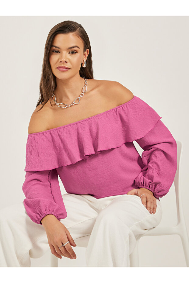 بلوزة سادة مكشكشة ذات رقبة مكشوفة الكتفين - 1