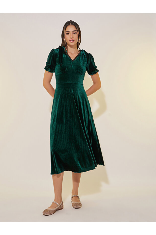 Solid Velvet Look V-Neck A-Line Midi Dress