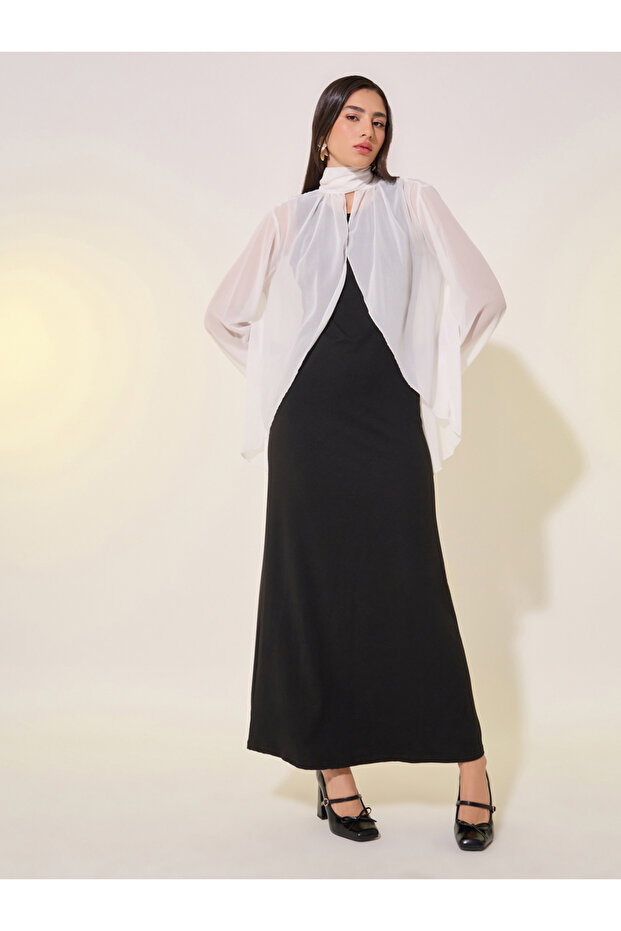 Solid Mesh Cape Sleeve Maxi Dress