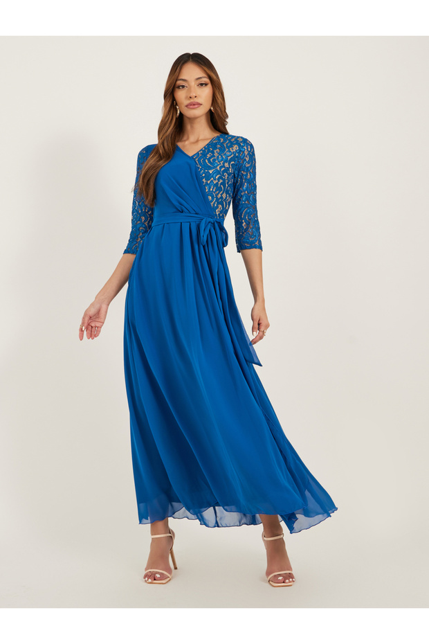 Lace Insert Wrap Maxi Dress with Waist Tie-Up