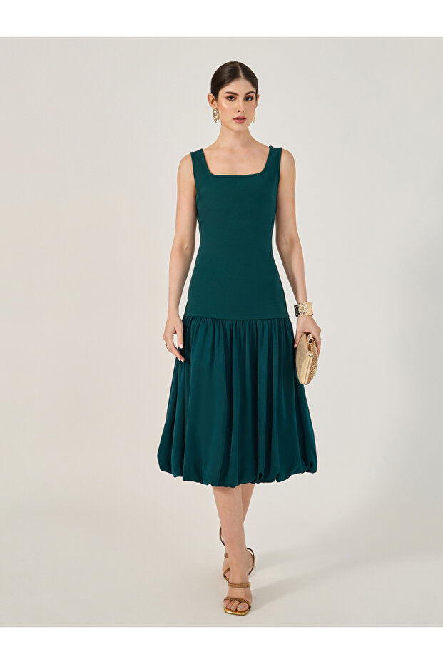 Sleeveless Square Neck Drop Waist A-Line Midi Dress