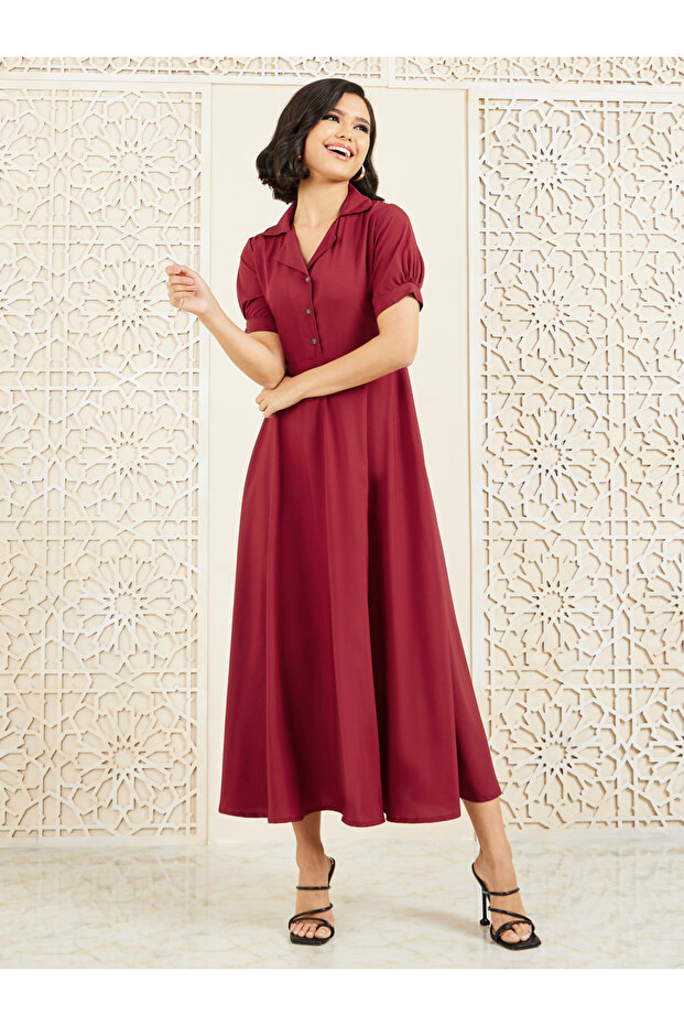 Solid Cuban Collar A-Line Shirt Maxi Dress