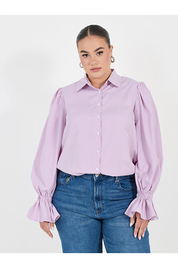 Plus Size Striped Shirt with Flared Elasticated Balloon Sleeves