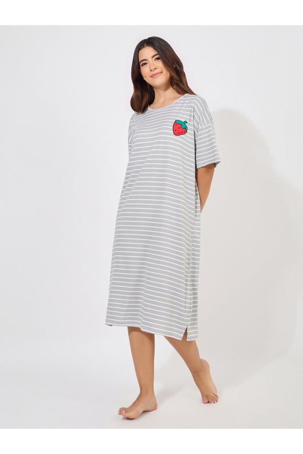 Strawberry Patch Detail Striped Sleep T-Shirt Dress