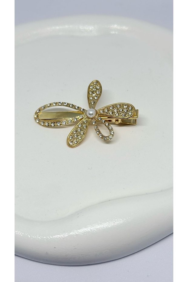 Gold Color Zircon Stone Flower Design Pearl Detailed Hair Clip