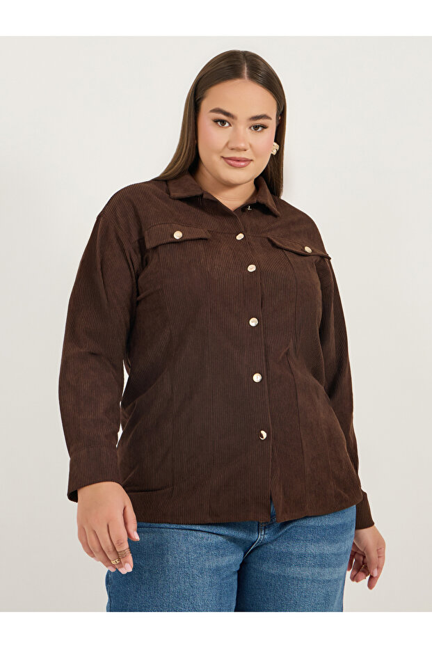 Plus Size Chest Pocket Corduroy Shirt with Metal Buttons
