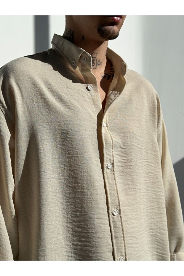 Oversize Keten Gömlek - 7