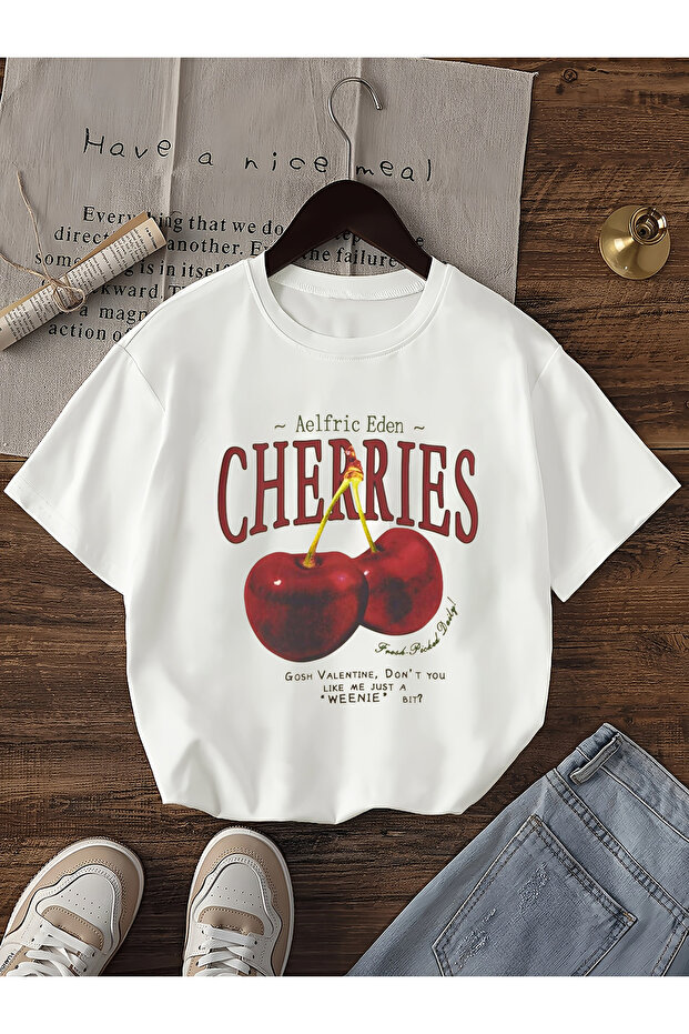 Cherries Written Cherry Design Printed Black Women's T-Shirt