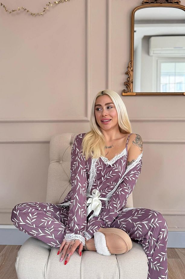 Mor Zeytin Dalı Desenli Sabahlıklı Pegasus Pijama Takımı - 4