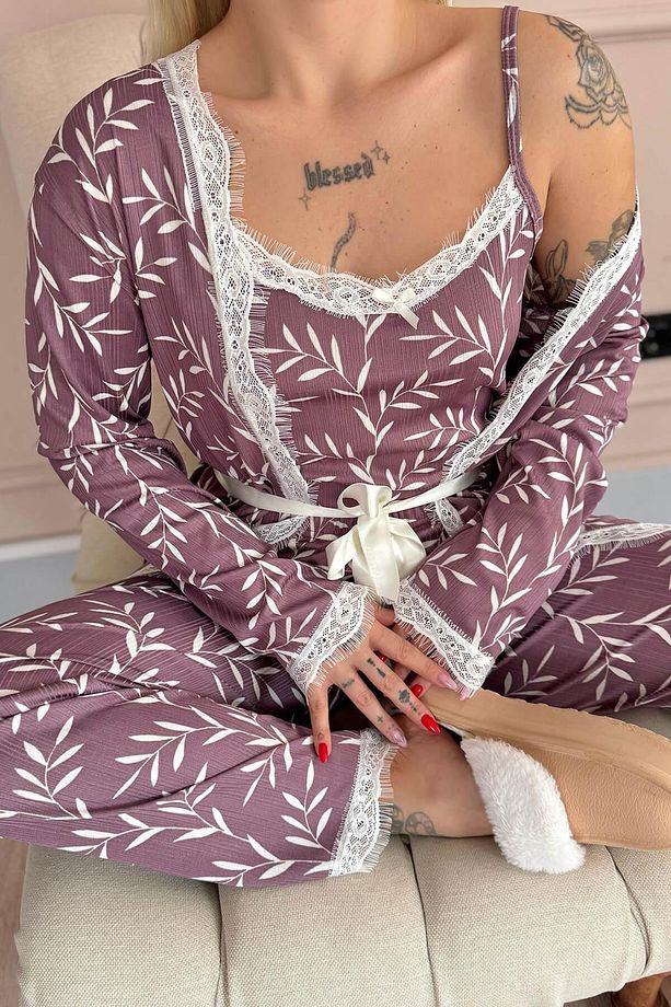 Mor Zeytin Dalı Desenli Sabahlıklı Pegasus Pijama Takımı - 7