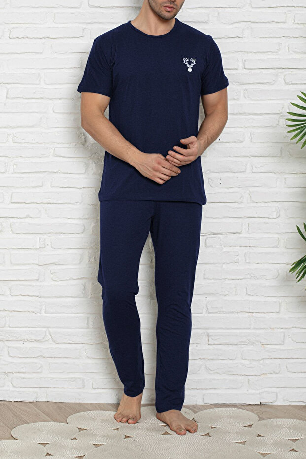 Lacivert Regular Fit Baskılı Kısa Kol Örme Pijama Takımı TMNSS25PT00040 - 1
