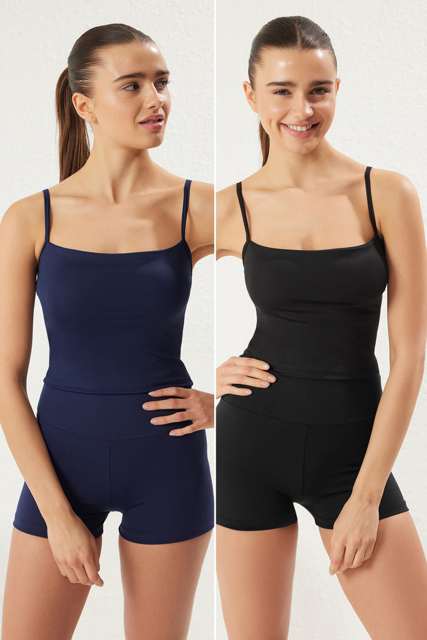 Siyah-Lacivert 2'li Paket Destekli/Şekillendirici İp Askılı Örme Spor Sütyeni THMSS25SS00018 - 1