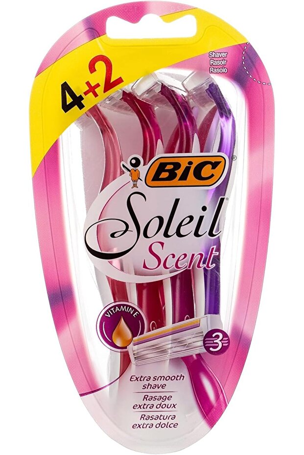 ماكينة حلاقة Soleil Scent Triple Blade للسيدات - عبوة من 6 قطع، مع فيتامين E وشرائط تشحيم من اللانولين