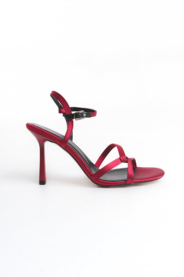 Bordo Saten Kadın Topuklu Sandalet TAKSS25TO00069 - 5
