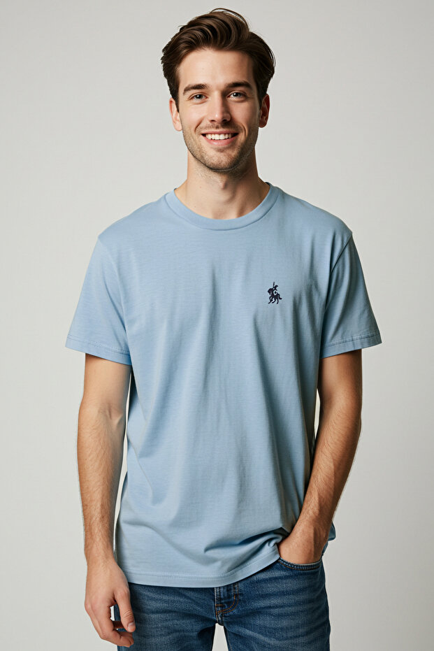Açık Mavi Regular/Normal Kesim At Nakış Detaylı %100 Pamuklu T-Shirt TMNSS24TS00056 - 3