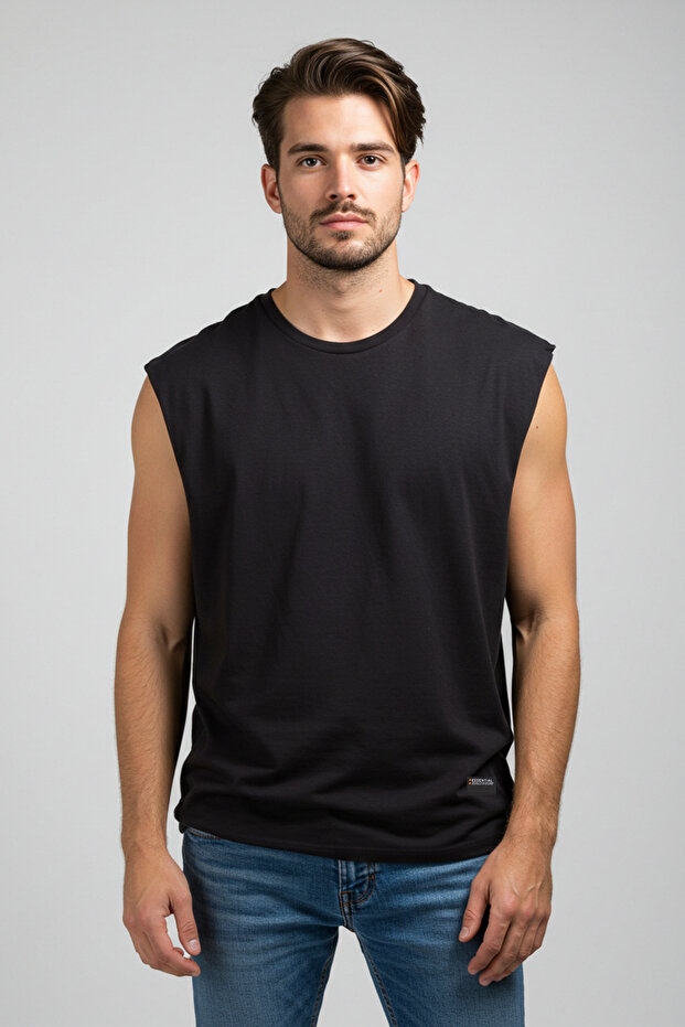 Siyah Oversize/Geniş Kesim Basic Etiketli %100 Pamuk Kolsuz T-shirt/Atlet TMNSS25AL00002 - 2